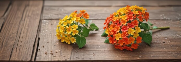 Small lantana flowers in clusters on wooden planks,  garden,  wood,  rustic