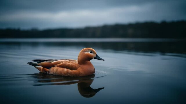 A beautiful ruddy shelduck swims calmly on a dark, tranquil lake surface. Its warm orange plumage creates a striking contrast against the cool blue water and overcast sky