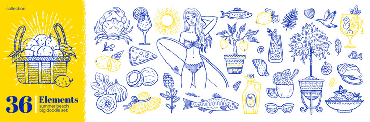 Summer Mediterranean beach. Sea vacation sketch. Summer doodle illustration. Hand drawn Mediterranean Italian food icon. Doodle lemon surf crab sunglasses. Italy Amalfi and Sicily or Greece vacation b