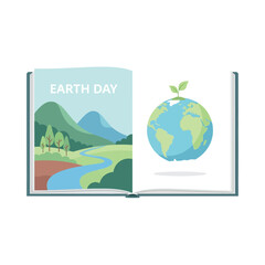 Earth Day illustration of a book with a landscape and a globe with a leaf on top.