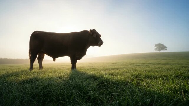 A powerful bull stands silhouetted in a dewy green field during a misty sunrise. This serene farm scene captures the essence of rural agriculture and natural beauty