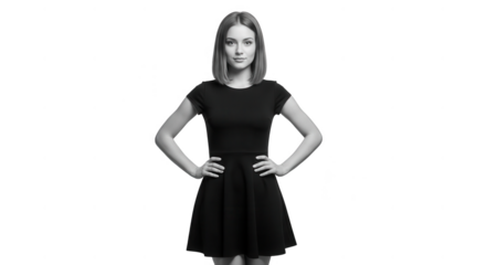 Woman in black dress with hands on hips isolated on transparent background