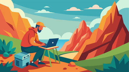 Fototapeta premium A backpacker takes a break from his hike setting up his portable workstation on a large smooth rock in the middle of a picturesque valley.. Vector illustration