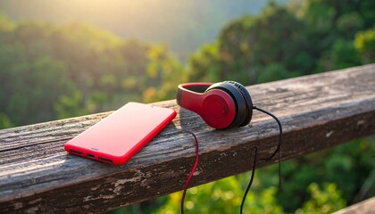 Red Smartphone and Wired Headphones on Wooden Railing with Forest Background at Golden Hour