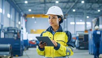 Confident Black Female Engineer Using Digital Tablet in Modern Industrial Factory