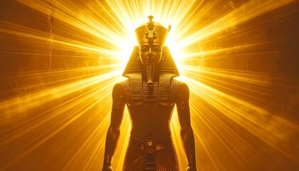 Radiant Golden Pharaoh Statue with Sun Rays, Ancient Egyptian King Icon, Divine Light