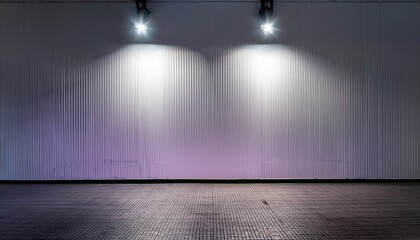 a vertical white wall illuminated by two soft lavender spotlights placed in an industrial space with dark matte tiles and visible piping