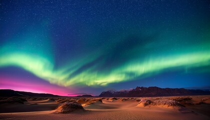 a mesmerizing display of the northern lights paints the night sky with vibrant hues of green and pink illuminating the desert landscape below