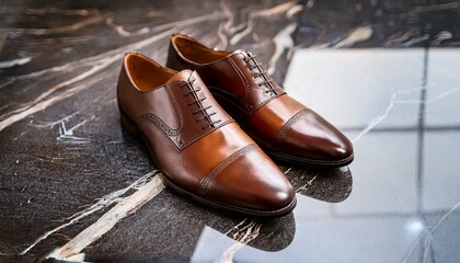 elegant brown leather shoes on marble floor