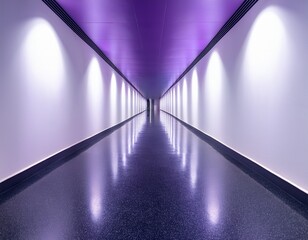a long narrow white wall with six purple tinted spotlights casting dynamic shadows in a minimalist gallery with a dark marble floor the wall feels endless and pristine