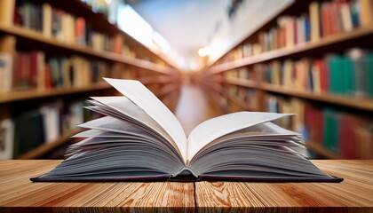 open book on a wooden table with blurred library background eyelevel view