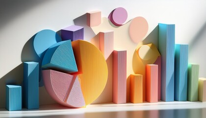 vibrant 3d graphs and pie charts in colorful pastels showcase dynamic data visualization casting playful shadows on a white surface