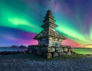 a majestic stone temple stands illuminated against a stunning display of the northern lights painting the sky in vibrant hues of green and pink