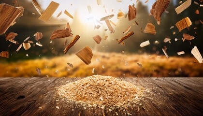 wood chips flying in the air with sunlight filtering through