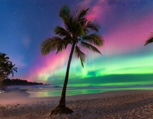 a mesmerizing display of the northern lights paints the sky in vibrant hues of pink and green over a tranquil beach where palm trees stand tall against the starlit backdrop