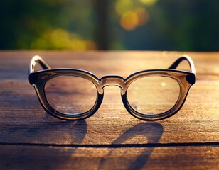 a pair of glasses sits on a wooden table