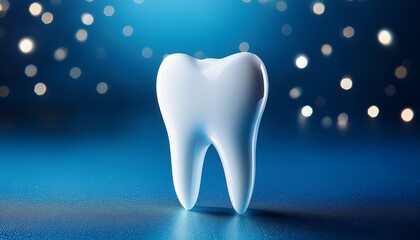 a pristine white tooth stands against a shimmering blue background symbolizing dental health and care
