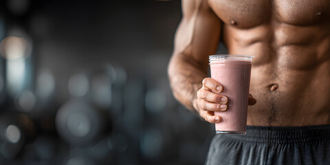 Man holding protein shake in a gym, fitness nutrition for muscle building, exercise, healthy lifestyle concept
