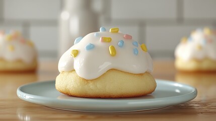 A Sugary Glazed Pastry with Colorful Sprinkles Prominently Displayed on a Light Blue Plate