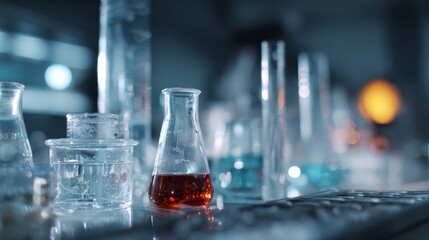 Laboratory glassware assortment with colorful liquids, scientific exploration