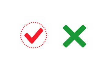 Red check mark inside a dotted circle and a green cross side-by-side, representing dilemmas, right or wrong decisions