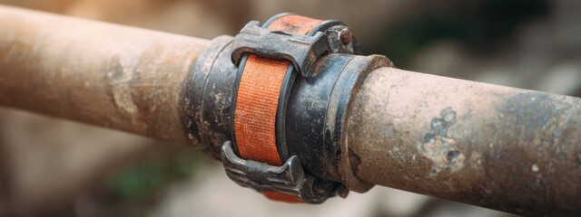 Worker uses clamp on pipe to secure section during maintenance task in outdoor construction zone in daylight hours