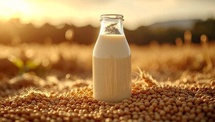 노을빛 들판의 콩 위에 놓인 식물성 밀크 병 Plant Milk Bottle on Soybeans at Sunset