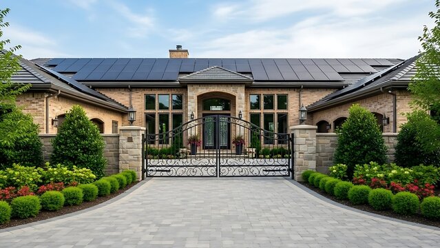 Facade of house with solar panels on roof by pavestone driveway and open gate