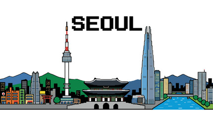 Pixel art illustration of the Seoul skyline featuring iconic landmarks like Namsan Tower and Lotte World Tower.