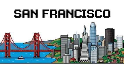 Pixelated illustration of the San Francisco skyline featuring the Golden Gate Bridge and city skyscrapers.