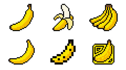 A collection of six pixel art illustrations of bananas, showcasing different stages of ripeness and presentation, including whole, peeled, and clustered varieties.