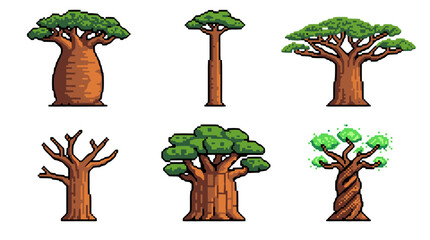 A collection of six distinct pixel art illustrations of various trees, including baobab trees and a bare deciduous tree.