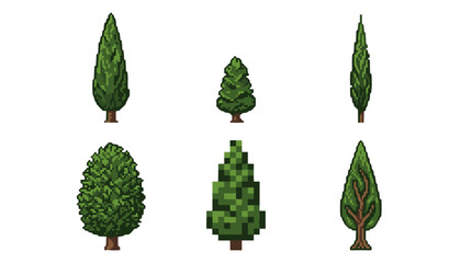 A collection of six pixel art illustrations of various evergreen trees, including cypress and pine varieties, presented against a white background.