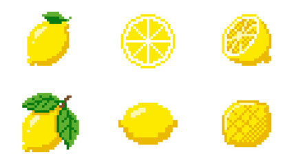 A collection of six pixel art illustrations of lemons in various forms, including whole fruits, slices, and halves.
