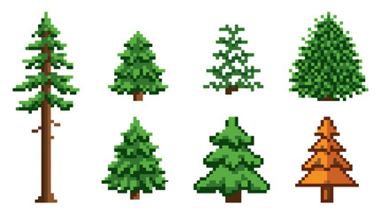 A collection of pixel art illustrations of various coniferous trees, showcasing different shapes and sizes.