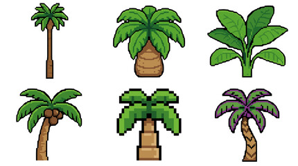A collection of six pixel art illustrations of various palm trees and a leafy plant, presented in a grid format.