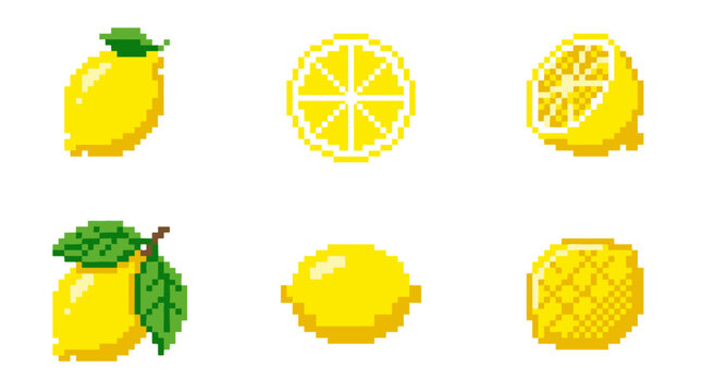 A collection of six pixel art illustrations of lemons in various forms, including whole fruits, slices, and halves.