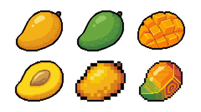 A collection of pixel art mango illustrations showing ripe, unripe, sliced, and stylized fruit designs.