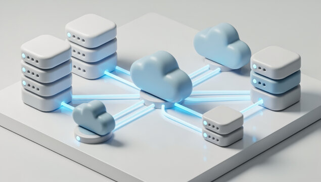 Abstract 3D illustration of cloud computing network with servers and data flow
