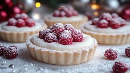 Assorted Raspberry Cream Tartlets with Powdered Sugar Dusting on a Rustic Snowy Surface