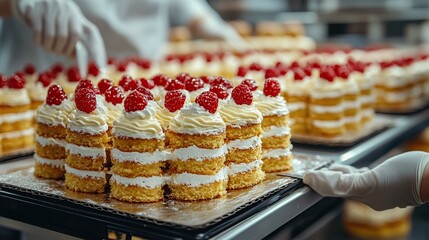 Assorted Raspberry-Topped Layered Pastries Ready for Serving at a Bakery
