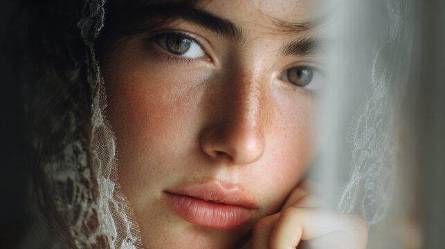 Intimate close-up portrait of a young woman with freckles and soft veil
