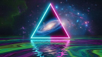 A vibrant synthwave-style artwork featuring a glowing neon triangle framing a spiral galaxy. The scene is set over a psychedelic, reflective liquid surface under a starry cosmic sky.