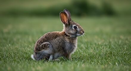 A wild rabbit rests in the grass Its fur is a mix of browns and grays and its ears are upright