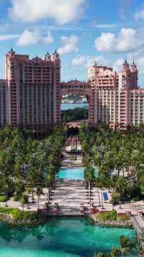 Atlantis Hotel In Paradise Island Nassau Bahamas. Capturing The Hustle And Bustle Of A Vibrant City From Above. Coast Sky Clouds Seaside Summertime. Outside Seaside Tropical Environment.