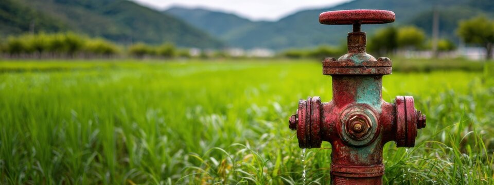 Red fire hydrant stands in green field with mountains in background on a cloudy day near rural area
