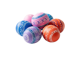 Close-up of vibrant, intricately patterned pastel Easter eggs on a transparent background with soft shadows and copy space, joyful Easter celebration concept