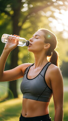 Vertical portrait of a healthy woman hydrating after a workout in a park