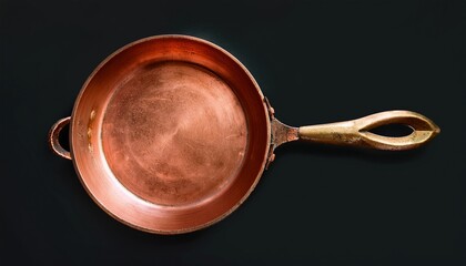 vintage copper pan rustic cookware worn aged metal kitchen utensil overhead culinary concept patina texture bronze classic antique farmhouse banner mockup copyspace editorial retro industrial chef