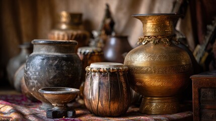 Exotic earthen wares and ornate metallic vessels create warm still life